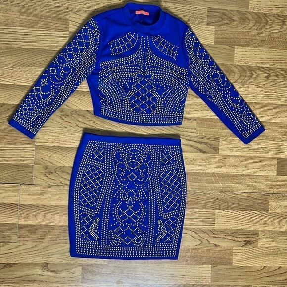Banjul Dresses & Skirts - Banjul Women's Top and Skirt Set Sequin Bodycon Long Sleeve Blue Size Small